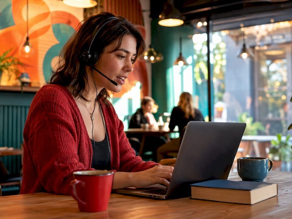 Bilingual support agent working at call center desk