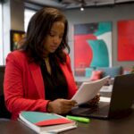 Woman reviewing WhatsApp compliance documents