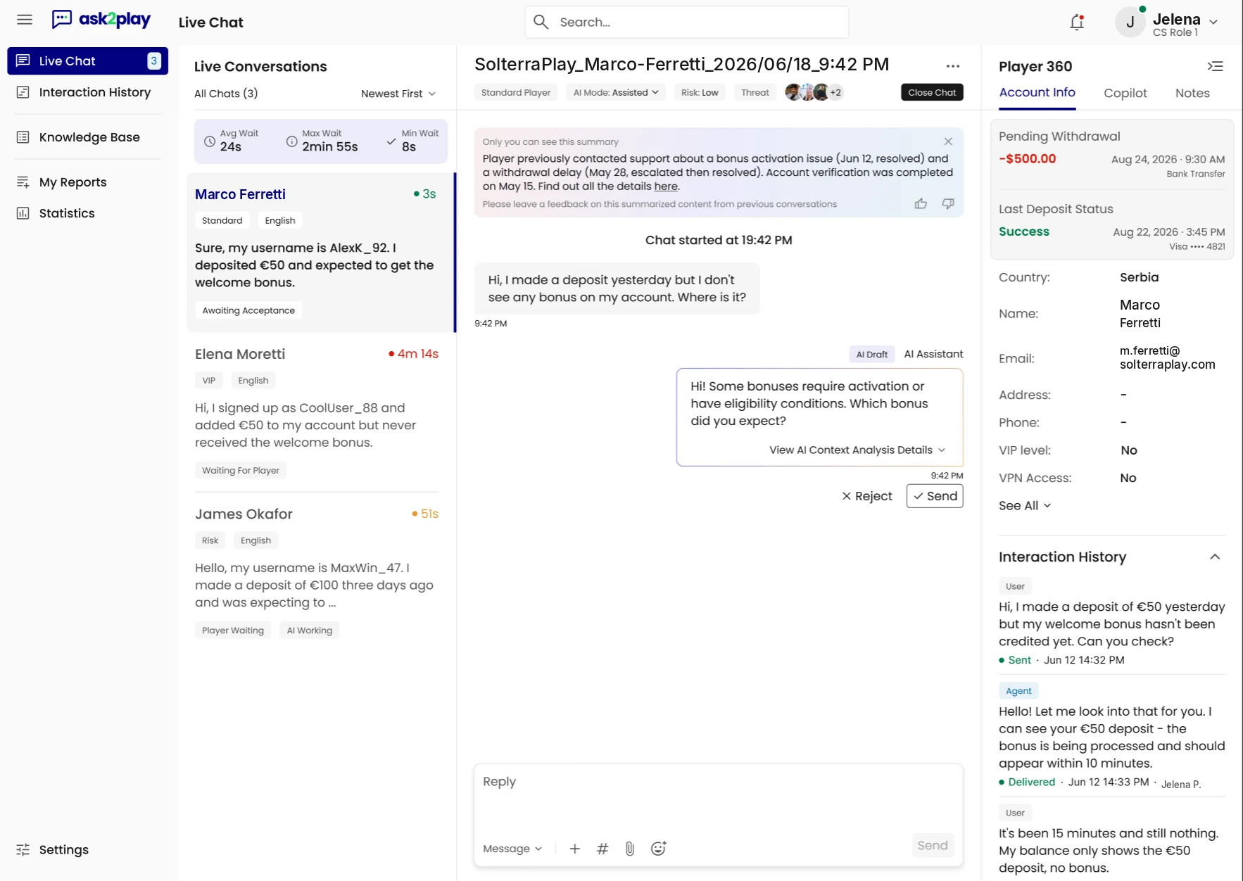 Ask2Play live chat console: an AI draft waiting for the agent to send or reject, with Player 360 open on the right
